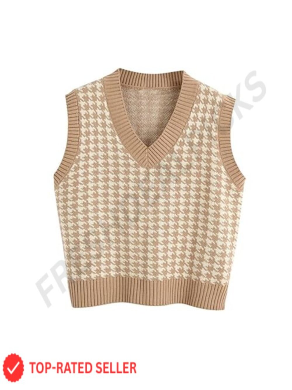 V Neck Houndstooth Sweater Vest Sleeveless Knit Tank Top Preppy Pullover